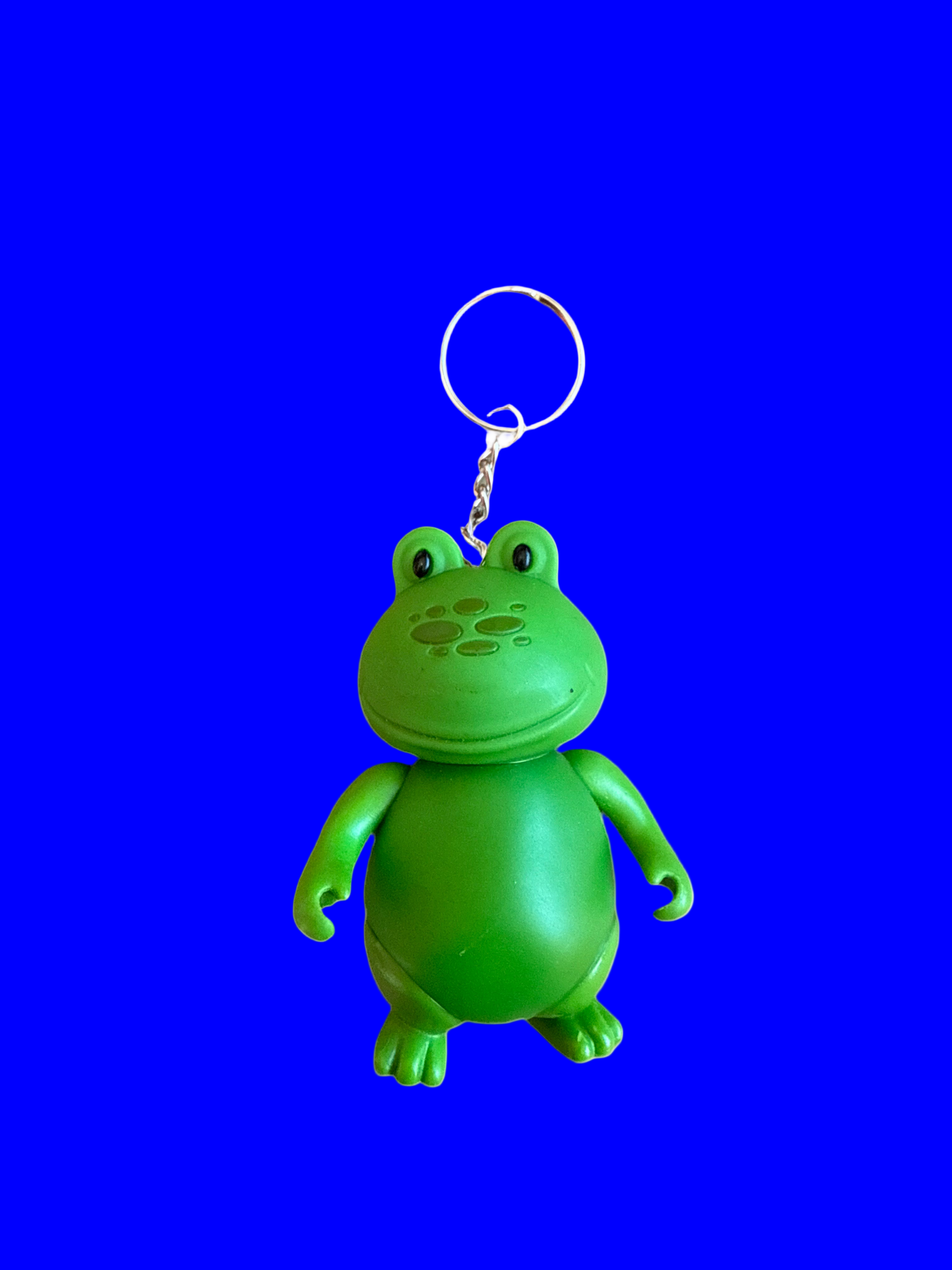 Green frog-shaped keychain on a blue background
