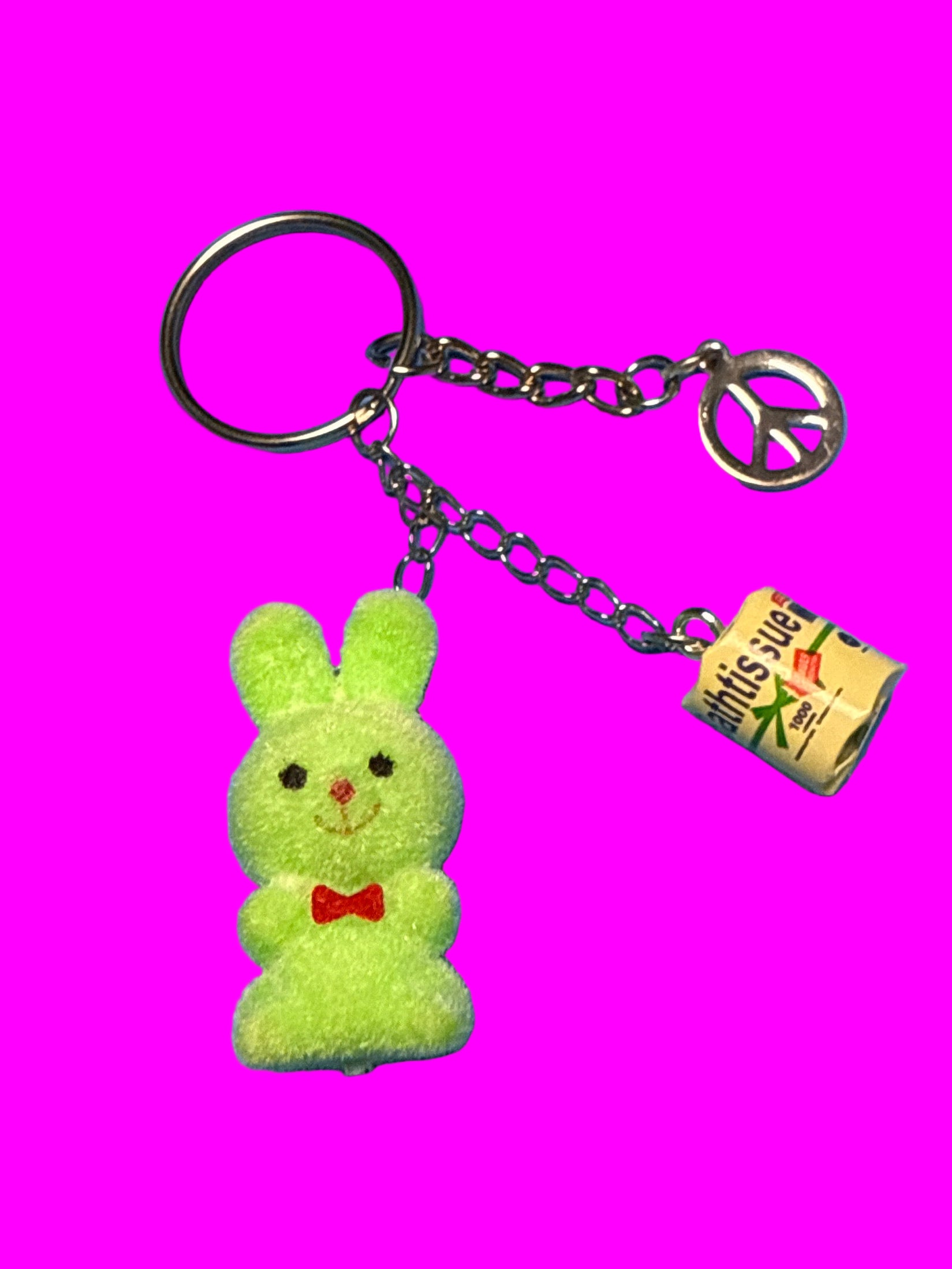 Green bunny Keychain with peace sign charm and toilet paper charm 