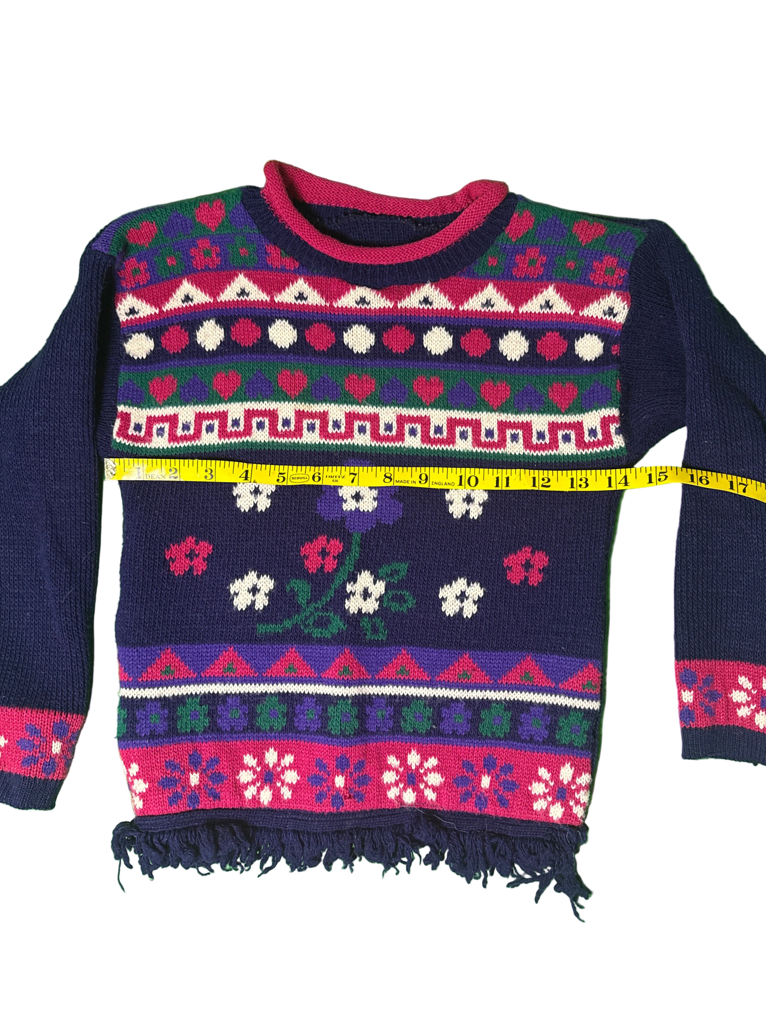 Kids vintage Navy blue sweater with colorful patterns