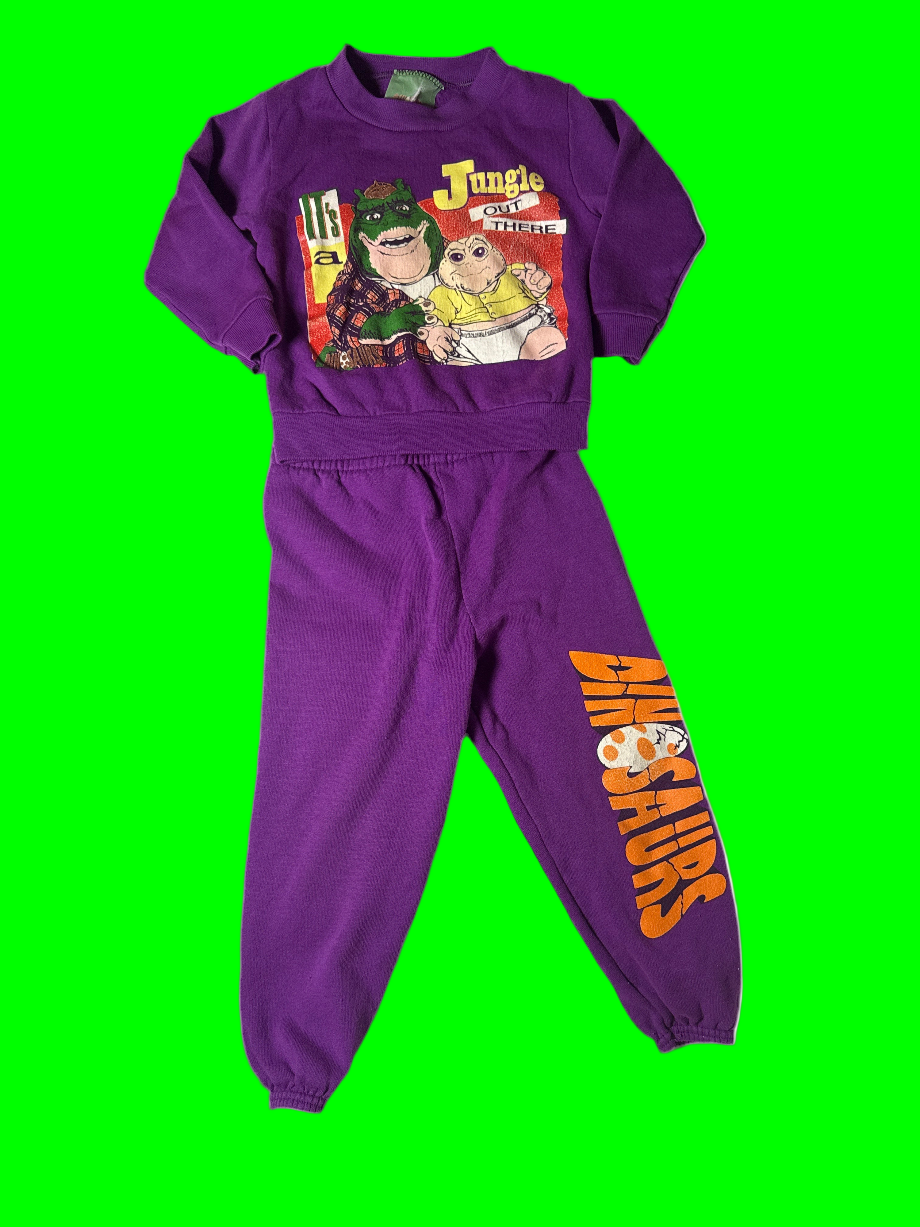 Purple children's sweatshirt and pants set with 'Dinosaurs ' graphic on a white background