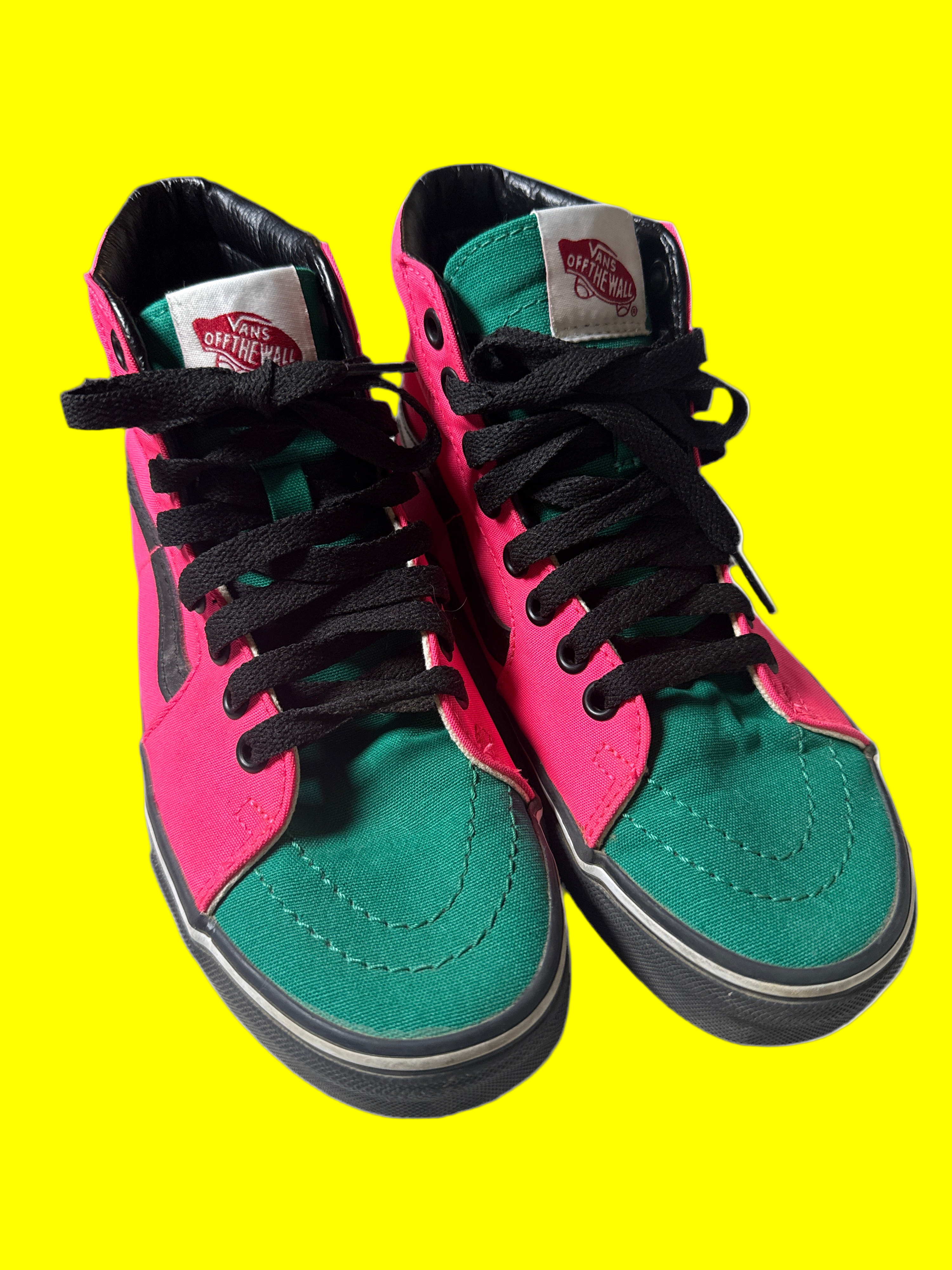 Pink and green watermelon high-top custom vans sneakers with black laces on a yellow  background
