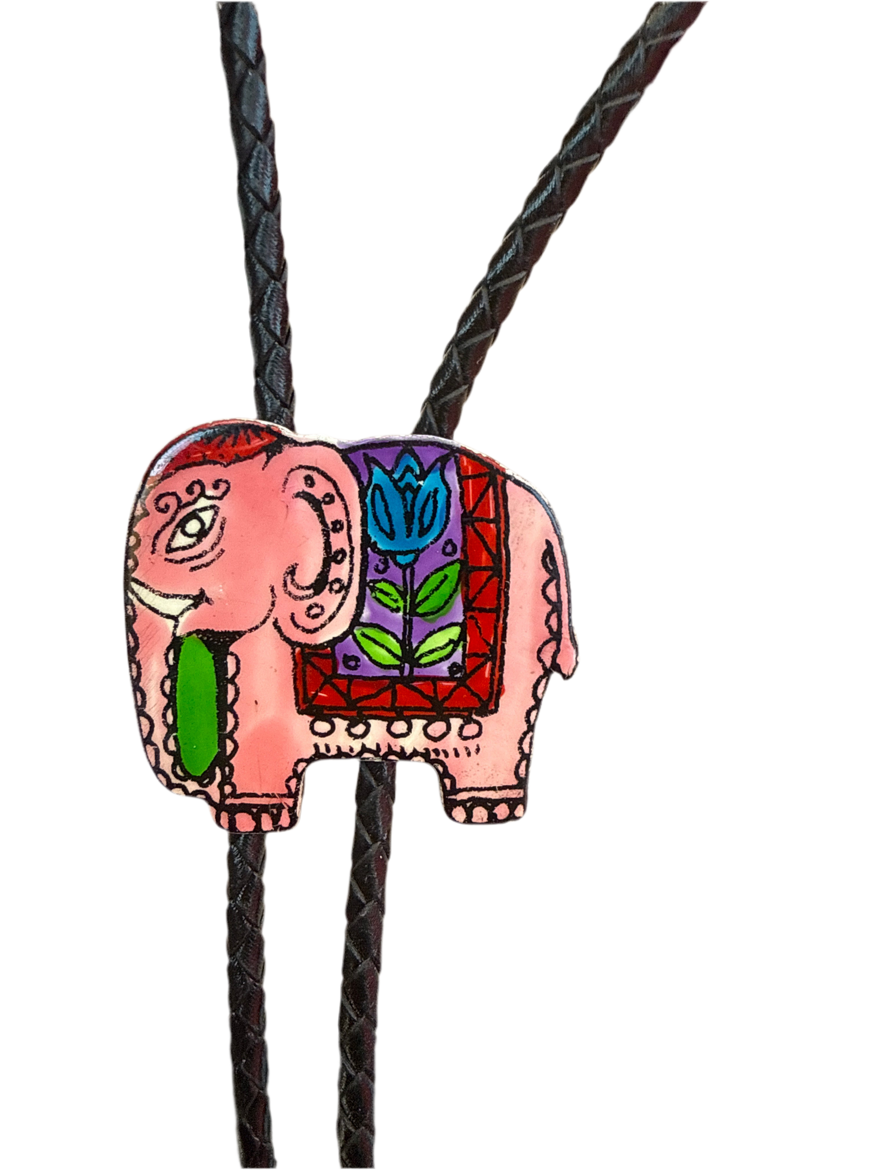 Colorful elephant pendant on a black braided cord against a white background