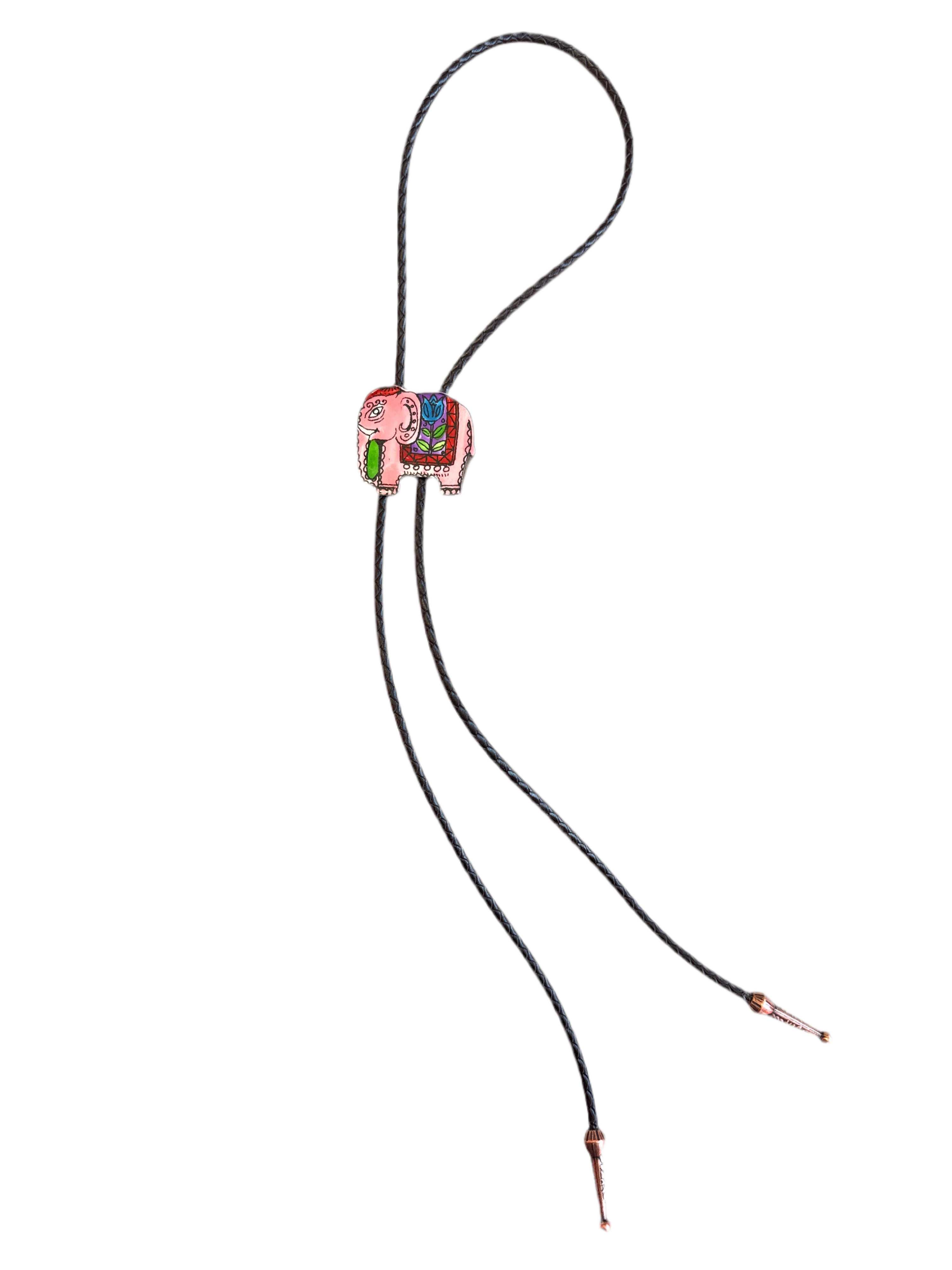 Bolo tie with a colorful elephant charm on a white background