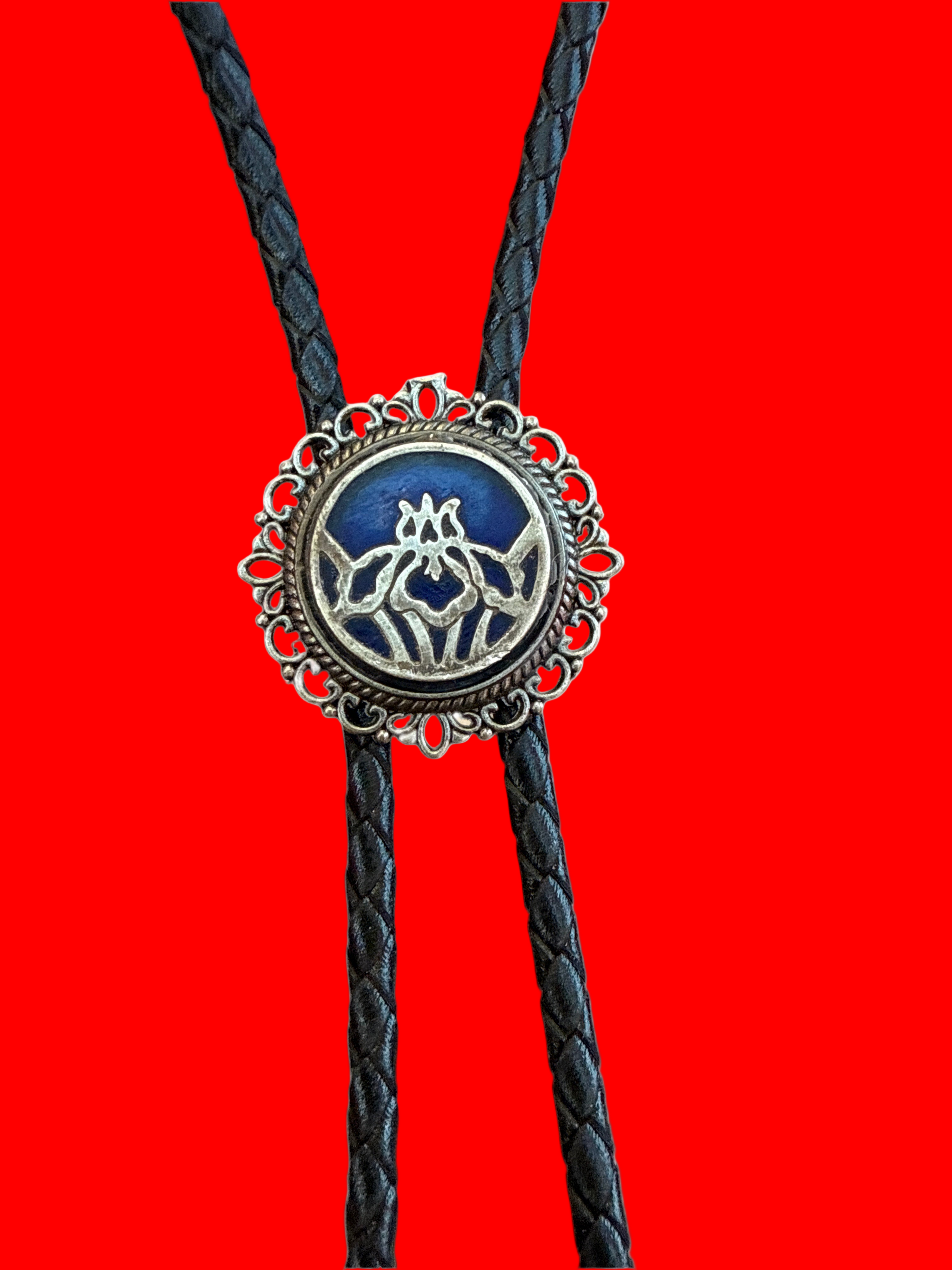 Bolo tie with decorative pendant on a red background